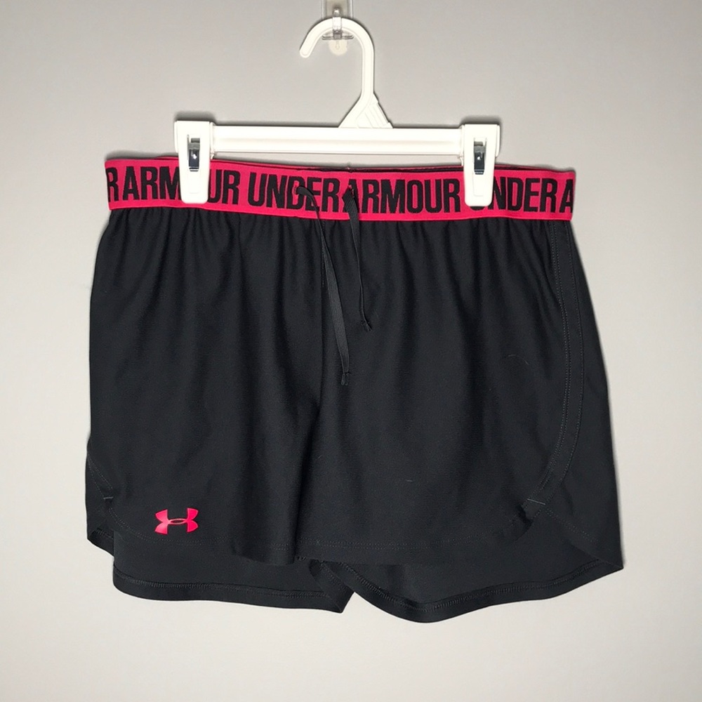 dark gray and pink under armor shorts